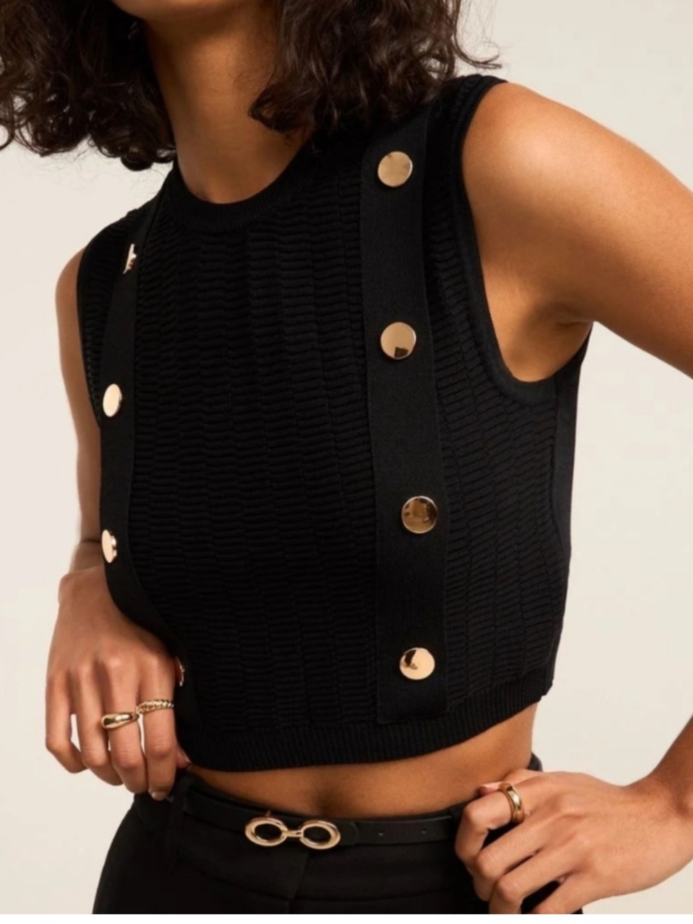 Zara Black Crop Knit Top Gold Accents Medium